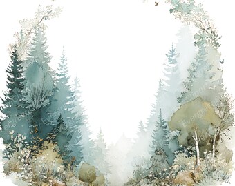 Watercolor Forest Frame Clipart | Woodland Greenery PNG (Transparent Background, Spring Clipart