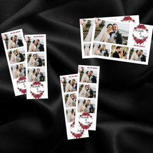 Modello per Photo Booth per matrimonio con motivo floreale rosso / Striscia stampabile e modificabile + cartolina / Elegante bomboniera, modello Canva, download immediato