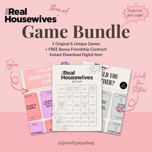 May include: A pink and white game bundle with a "Real Housewives" theme. The bundle includes a tagline generator game, bingo, and a "Would You Rather?" game. Text includes "Game Bundle", "5 Original & Unique Games", and "Instant Download Digital Item".