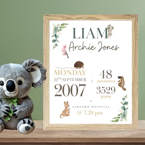 Australischer Tierbaby-Geburtsdruck, Geburtsposter, Geburtsdruck, Geburtsanzeige, Baby Geschenk, Kinderzimmerdeko