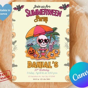 Invitación editable de cumpleaños para fiesta en la piscina de verano, invitación para fiesta fantasma en la piscina, invitación espeluznante, descarga digital, celebración de verano espeluznante