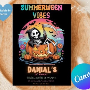 Invitación de cumpleaños con ambiente veraniego, invitación editable para fiesta fantasma en la piscina, invitación espeluznante, descarga digital, celebración de verano espeluznante