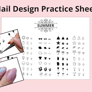 May include: A nail design practice sheet with summer-themed illustrations, including sunglasses, stars, and palm trees. The sheet also features the word "SUMMER" and two close-up images of nail art application.
