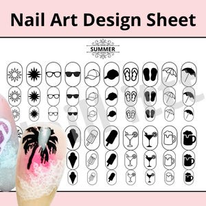 May include: A nail art design sheet titled Summer featuring black and white icons of suns, sunglasses, caps, flip-flops, umbrellas, ice cream, popsicles, cocktails, and beer mugs, alongside two painted nail tips with flip-flop and palm tree art.