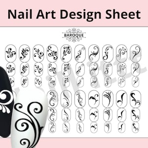 Op de afbeelding: Een wit nail art ontwerpvel met de titel Nail Art Design Sheet en het woord BAROQUE bovenaan. Het bevat een raster van zwarte wervelpatronen in ovale contouren. Twee grote nageltips, één zwart en één wit, tonen deze ontwerpen.
