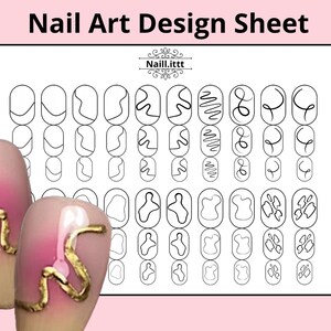 Op de afbeelding: Een nail art ontwerpblad met de tekst Nail Art Design Sheet en Naill.ittt, met rijen ovale contouren met diverse zwarte lijnpatronen. Twee nagels op de voorgrond tonen een roze gradiëntbasis met verhoogde gouden golvende accenten.