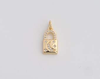 Pendentif cadenas en or 18 carats, breloques étoile de lune en or CZ pour bijoux délicats à faire soi-même