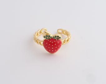 Anelli aperti con zirconi cubici riempiti in oro 18 carati, anelli a forma di fragola in smalto dorato, regali di San Valentino · regali di nozze