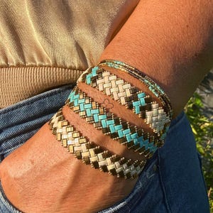 Turquoise and ivory bracelets woven with Japanese Half Tila beads, chic and bright bracelets, adjustable bracelets, gifts for her.