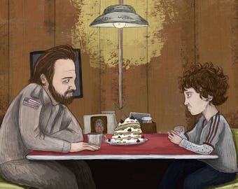 Hopper, Eleven & the Triple-Decker Eggo Extravaganza - Stranger Things  Giclée Illustration Print