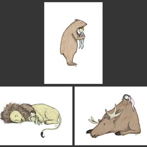 Set of 3 -  Sleeping Animals Nursery Giclée Illustration Prints