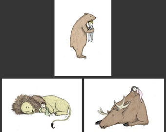 Set of 3 -  Sleeping Animals Nursery Giclée Illustration Prints