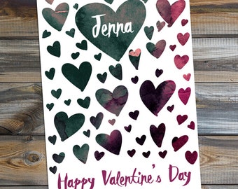 Watercolor Hearts - Personalized Valentine's Day Card - Printable Card