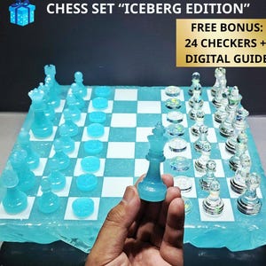 Iceberg Resin Chess Set: Frosted Blue Handmade Art Decor