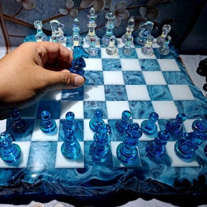 Ice Blue Resin Chess Set | Handmade Glacier Edge Board