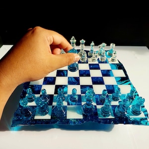 Oceanic Blue Resin Chess Set – Handmade Crystal Epoxy Chess Board with Coastal Wave Design, Luxury Beach Chess Gift