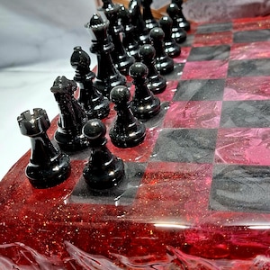 Handmade Resin Chess Set – Ruby Red & Obsidian Black, Lava Edge Design ...