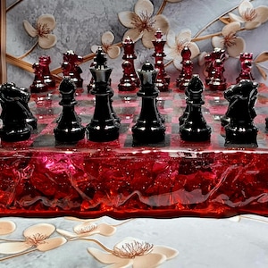 Handmade Resin Chess Set – Ruby Red & Obsidian Black, Lava Edge Design ...