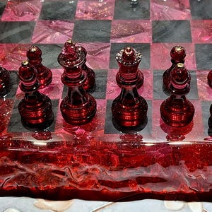 Handmade Resin Chess Set – Ruby Red & Obsidian Black, Lava Edge Design ...