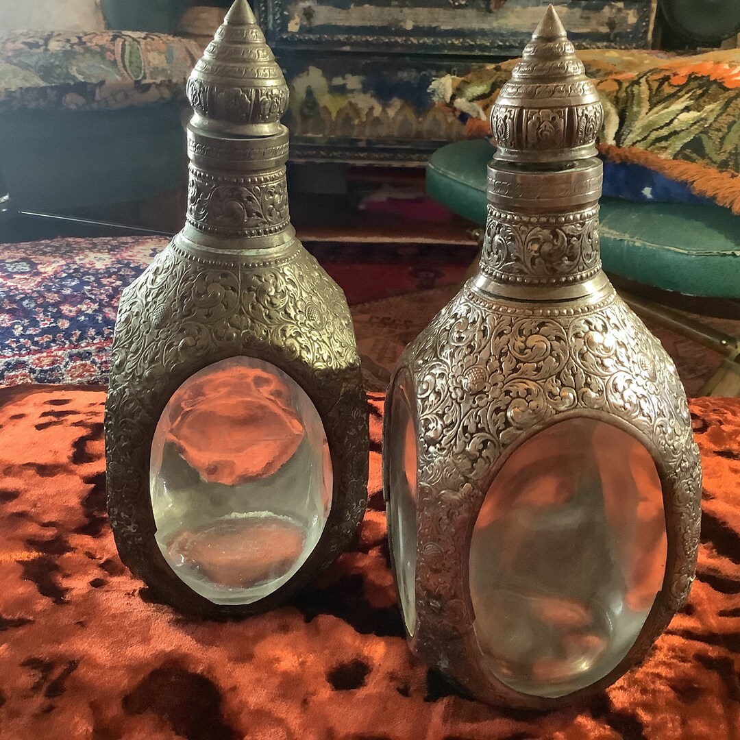 Two Decanters Possibly Made in India Glass With Metal Overlay. Etsy