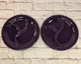 Longaberger Pottery Woven Traditions 2 Divided Dinner Plates Purple Serving Ware