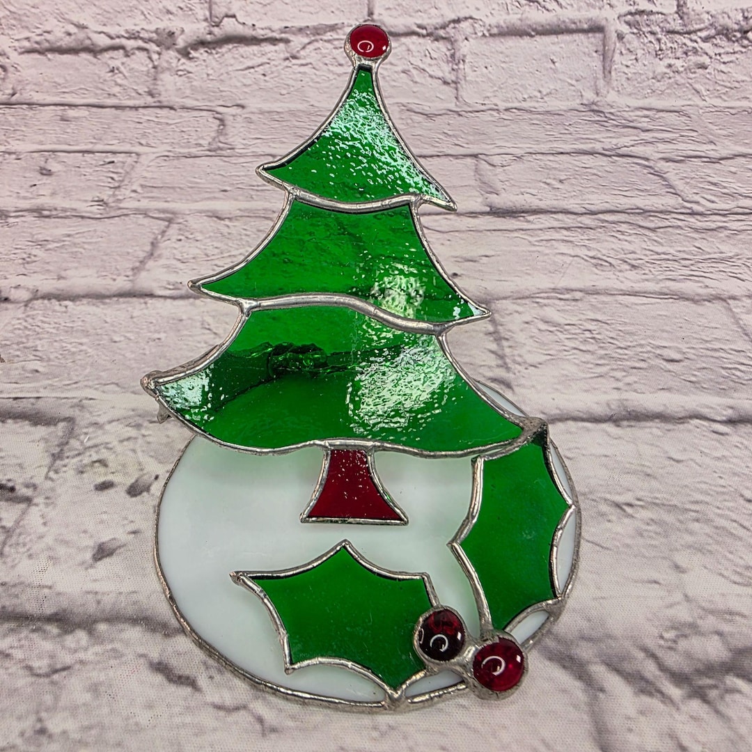 Vtg Stained Glass Green Foiled Christmas Tree Holiday Decoration Hand ...