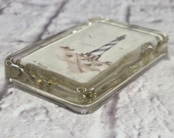 Fermacarte in vetro vintage con opera d'arte di Edith Albright, faro, edizione limitata firmata.