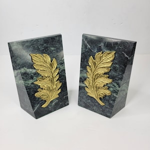Vintage MCM Art Deco Decorative Crafts Inc Bookends Green Marble & Brass Leaf