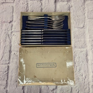 Vintage Wm. Rogers Silverplate Flatware Set: 6 Knives & Forks, Original Box
