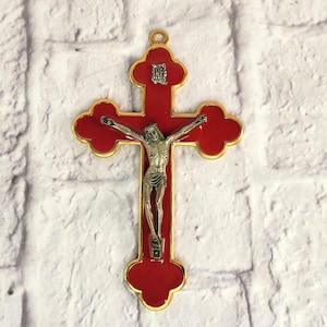 Vintage Italian Crucifix: Gold Metal & Red Enamel Jesus Wall Figure
