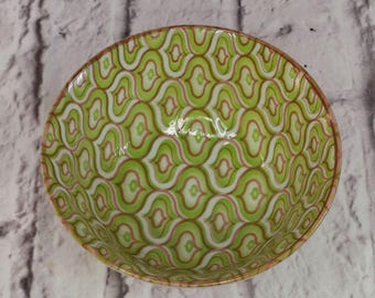Vintage Yokohama Studio Bowls Green & White Geometric Pattern 5.5" Made In Japan
