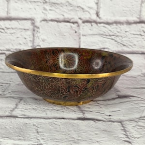 Vintage Chinese Cloisonné Brass Enamel Bowl 8&quot; Brown Floral Mid-Century-Modern Design Antique Home Decor