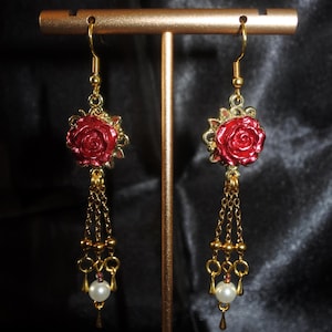 Red Rose Drop Earrings – Romantic Gold Earrings with Pearls & Chains