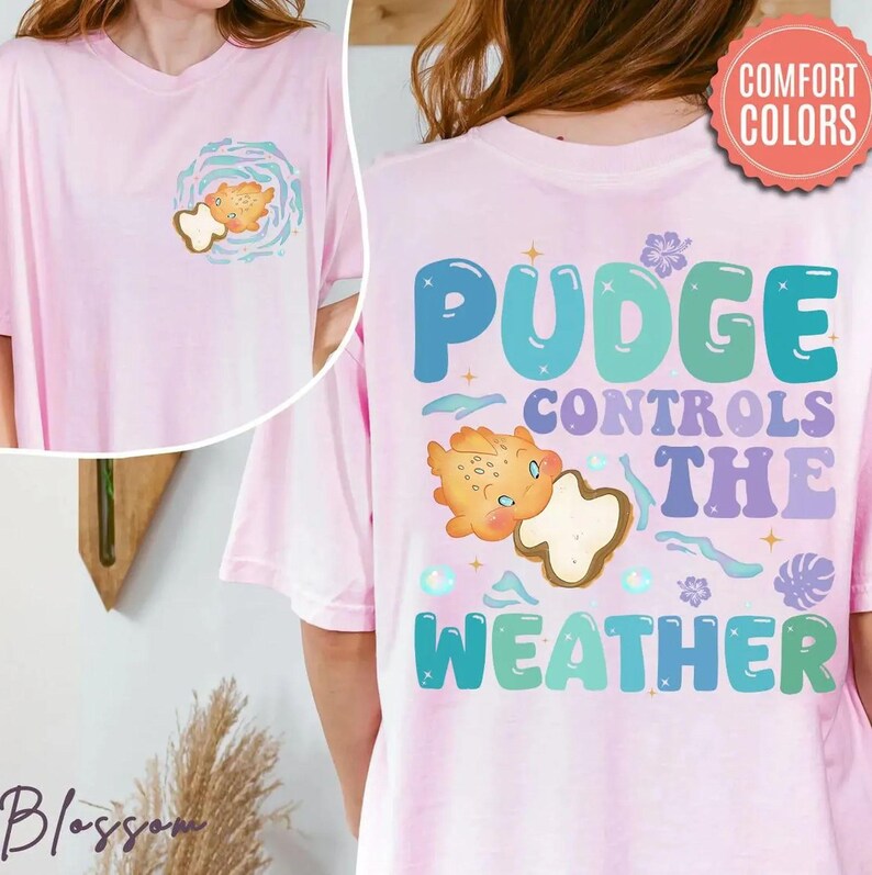 K&ouml;nnte beinhalten: Hellrosa T-Shirt mit einem Cartoon-Keks-Design. Auf der Vorderseite befindet sich eine Keks-Grafik in einem blauen Wirbel. Auf der R&uuml;ckseite des T-Shirts steht "PUDGE CONTROLS THE WEATHER" mit einer Keks-Grafik.