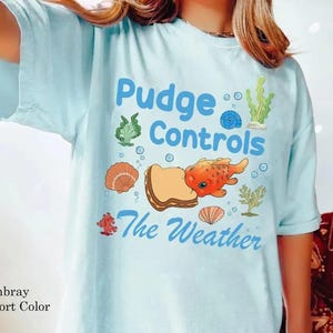 May include: Light blue t-shirt with the text "Pudge Controls The Weather" and a cartoon graphic of a goldfish, sandwich, and seashells. The shirt is a chambray comfort color.