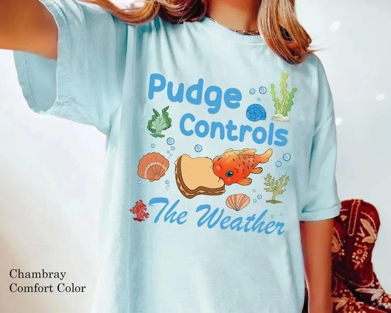 May include: Light blue t-shirt with the text "Pudge Controls The Weather" and a cartoon graphic of a goldfish, sandwich, and seashells. The shirt is a chambray comfort color.