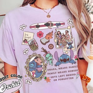 Peut inclure: Un t-shirt violet clair avec un motif graphique de personnages de dessins anim&eacute;s et le texte "OHANA, MEANS FAMILY". Le motif comprend des images d'une planche de surf, de fleurs et d'une photo encadr&eacute;e. Le t-shirt est &eacute;tiquet&eacute; "Comfort Color Orchid".
