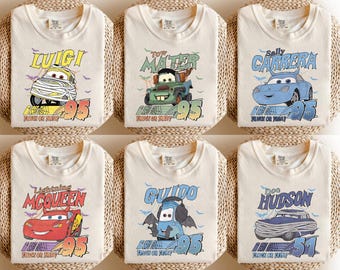 Camiseta de Halloween de Rayo McQueen y sus amigos de Disney, camiseta de Halloween con personajes de la película Cars retro, fiesta de Halloween de Cars, Halloween de Disney