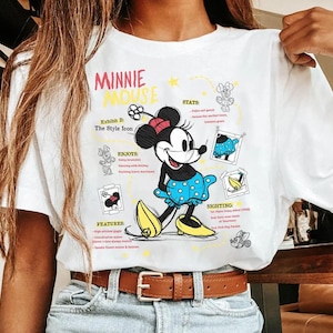 以下が含まれることがあります： ミニーマウスのグラフィックがプリントされた白いTシャツ。デザインには、水玉模様の青いドレス、黄色の靴、赤いリボンを着たミニーが含まれています。Tシャツのテキストは「ミニーマウス」と「Exhibit B: The Style Icon」です。