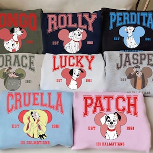 Camiseta Disney 101 Dálmatas con retrato completo de los personajes, camiseta Disney para perros, camiseta Pongo Perdita Cruella De Vil, camiseta familiar a juego para viaje a Disney