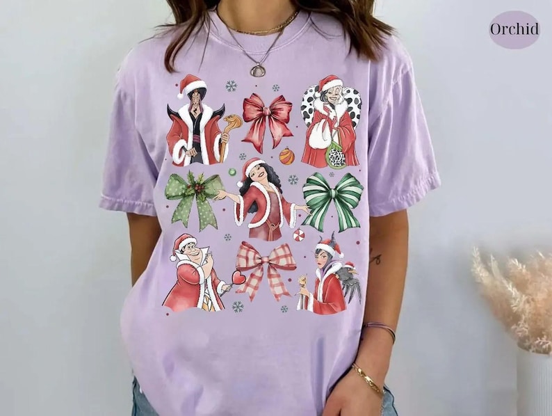 Disney schurk karakter Coquette Bow kerstshirt, Disneyland kerst familie bijpassende reis shirt, Jafar Maleficent Cruella kerstshirt afbeelding 4