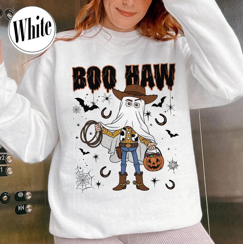 Disney Pixar Toy Story Woody Costume Ghost Boo Haw Halloween T-Shirt, Halloween Toy Story Land Matching, Disney Cowboy Woody Ghost T-Shirt image 2