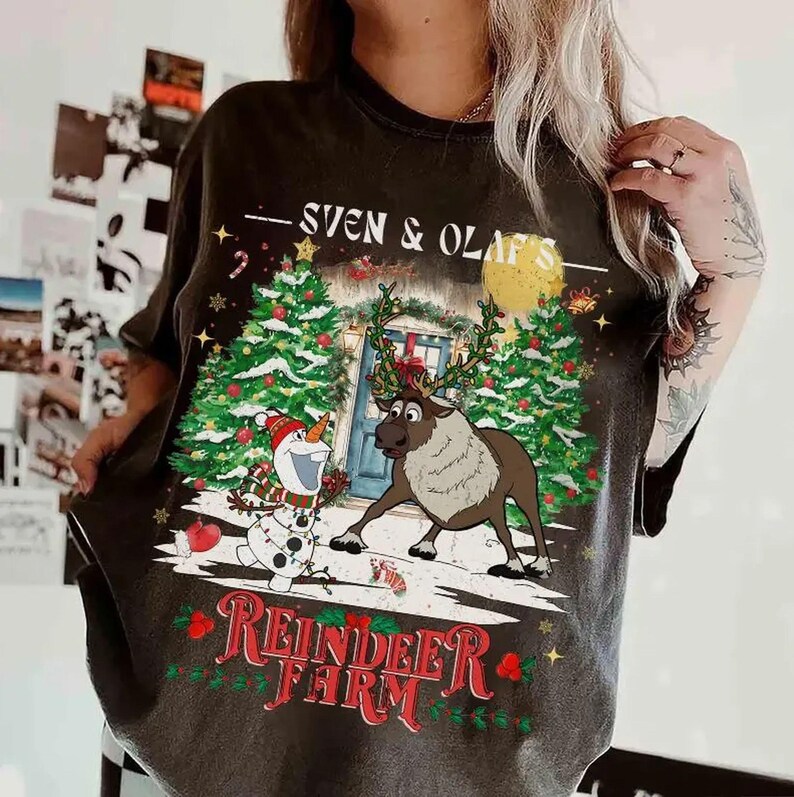 Disney Frozen Sven & Olaf,Reindeer Farm Light T-Shirt, Disneyland Xmas Family Vacation Shirt, Frozen Christmas reindeer Tee, Magic Kingdom image 2