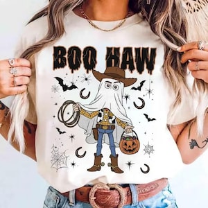 Disney Pixar Toy Story Woody Costume Ghost Boo Haw Halloween T-Shirt, Halloween Toy Story Land Matching, Disney Cowboy Woody Ghost T-Shirt image 1