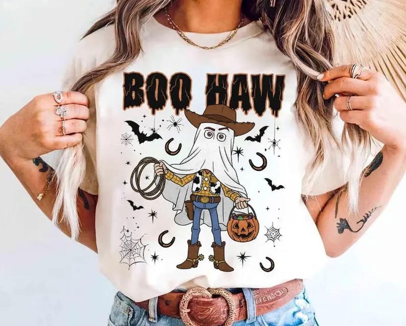 Disney Pixar Toy Story Woody Costume Ghost Boo Haw Halloween T-Shirt, Halloween Toy Story Land Matching, Disney Cowboy Woody Ghost T-Shirt image 1