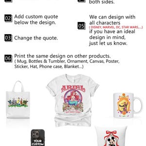 May include: Promotional image for customisable products. Options include adding a custom name or quote, printing on both sides, and using various characters. Products featured: tote bag, t-shirt, mug, phone case, and cushion.