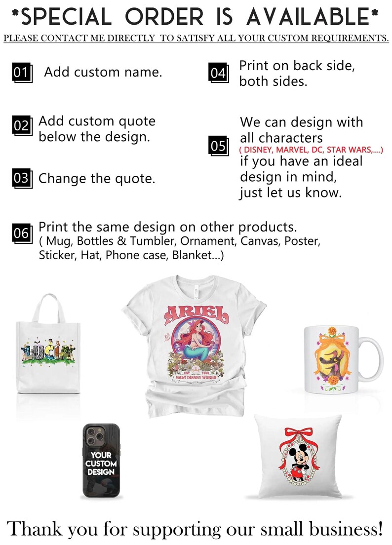 May include: Promotional image for customisable products. Options include adding a custom name or quote, printing on both sides, and using various characters. Products featured: tote bag, t-shirt, mug, phone case, and cushion.
