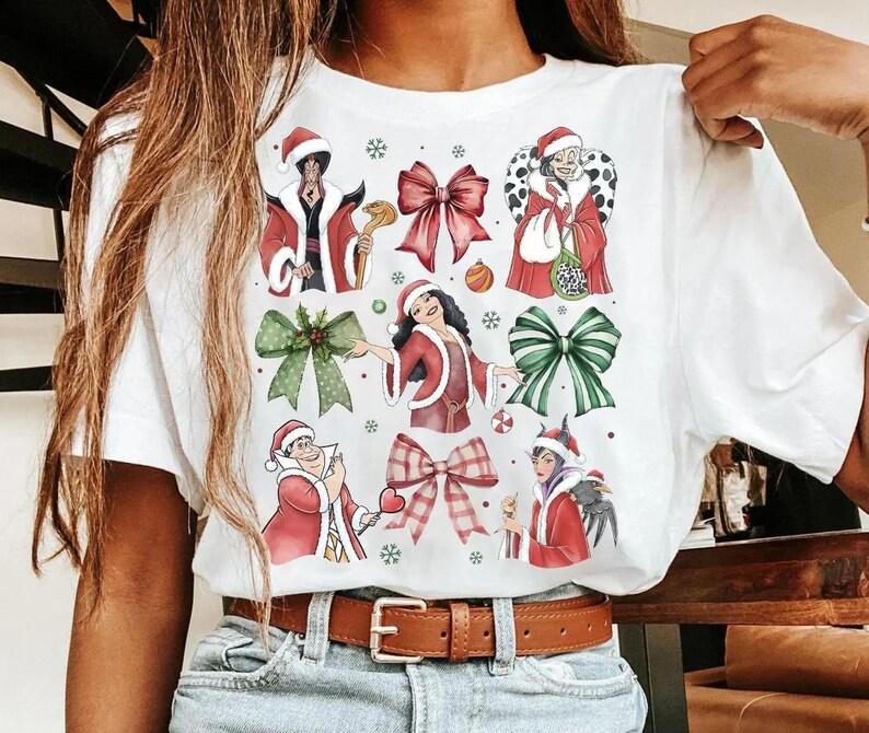 Disney schurk karakter Coquette Bow kerstshirt, Disneyland kerst familie bijpassende reis shirt, Jafar Maleficent Cruella kerstshirt afbeelding 2