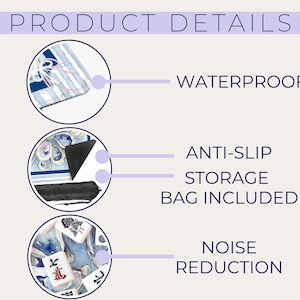 May include: Image showing product details: waterproof, anti-slip, storage bag included, and noise reduction. The product has a blue and white design with text that reads "PRODUCT DETAILS".