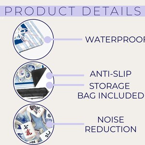 May include: Image showing product details: waterproof, anti-slip, storage bag included, and noise reduction. The product has a blue and white design with text that reads "PRODUCT DETAILS".